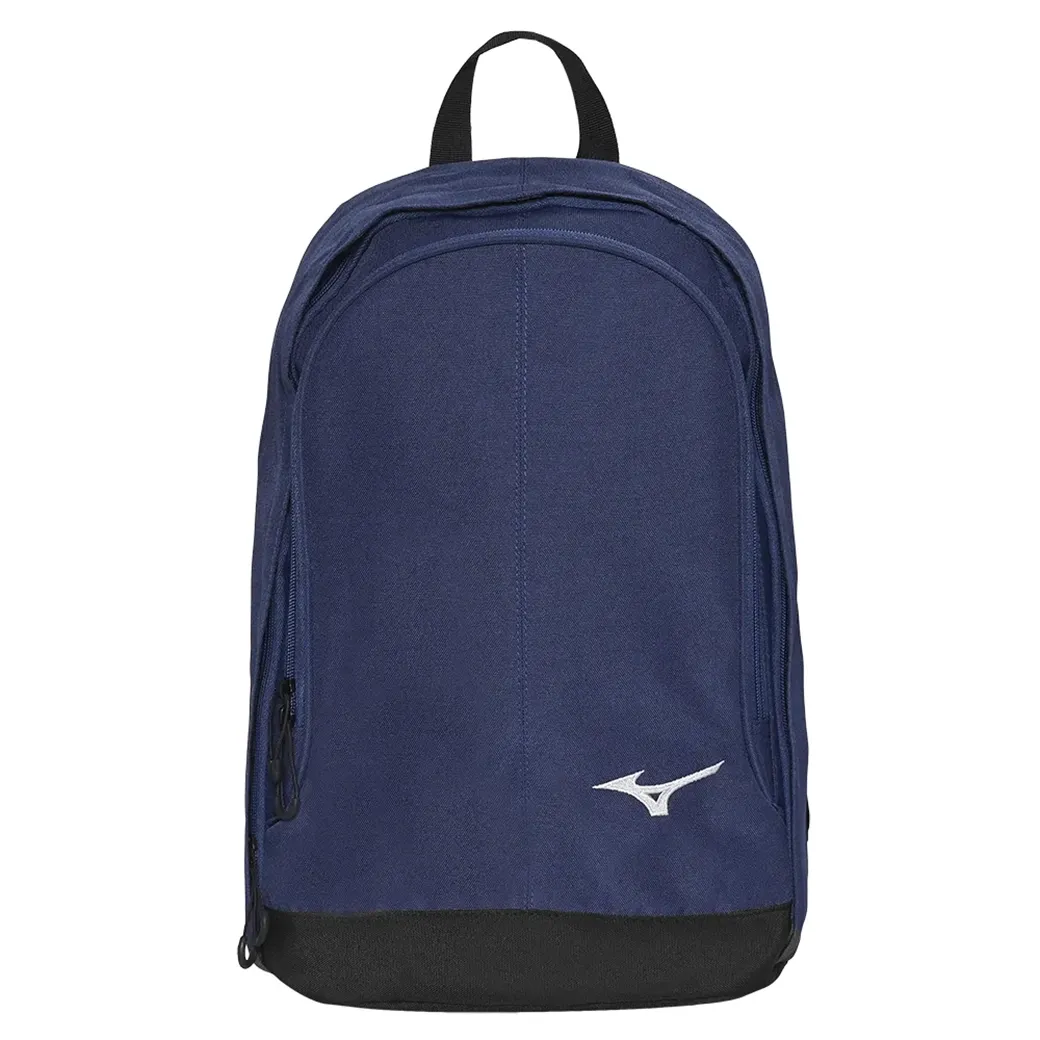 Mochila esportiva Mizuno azul noite com compartimento principal e bolso frontal com smartphone